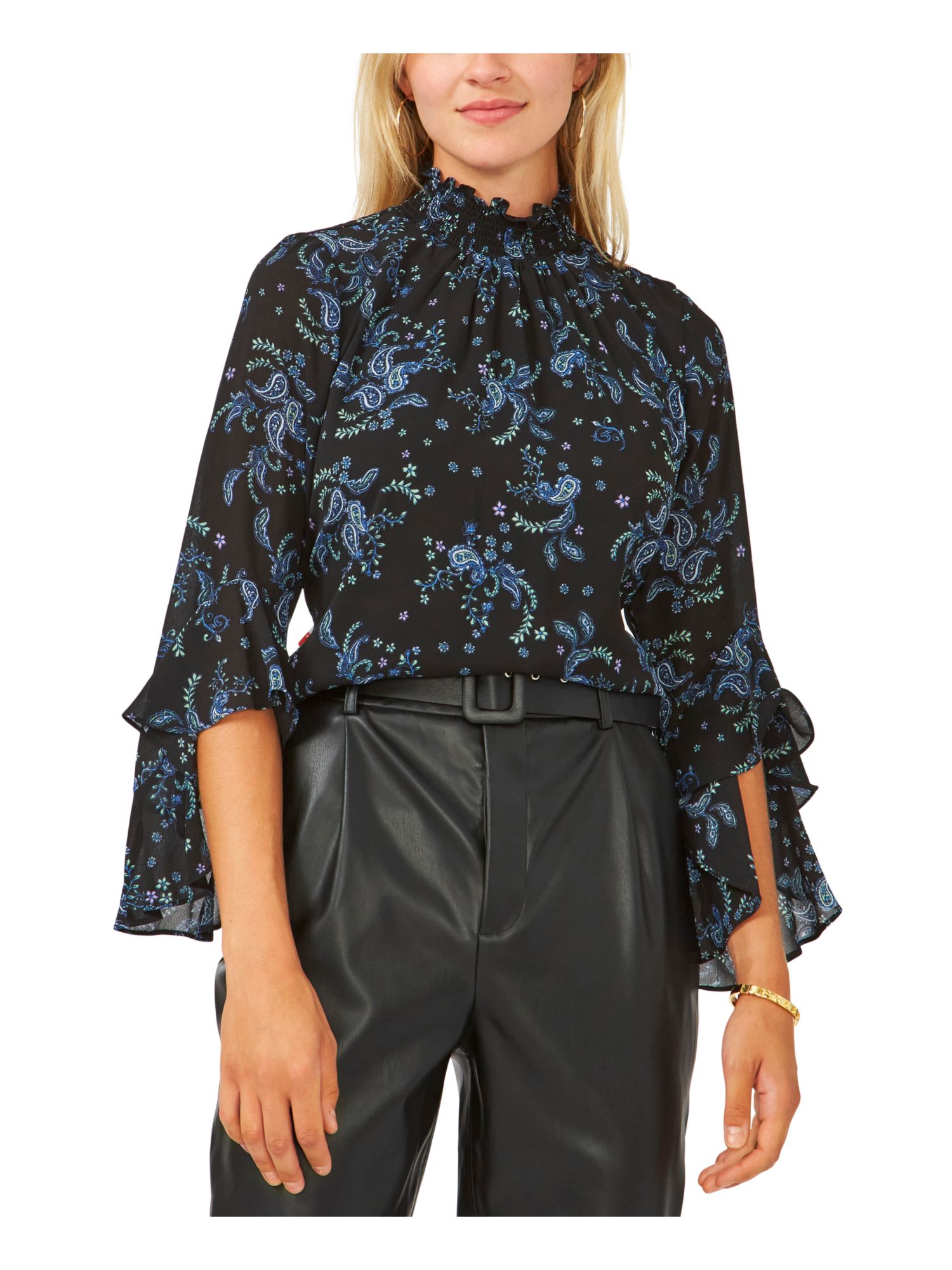 VINCE CAMUTO Womens Black Smocked Lined Back Keyhole Button Closure