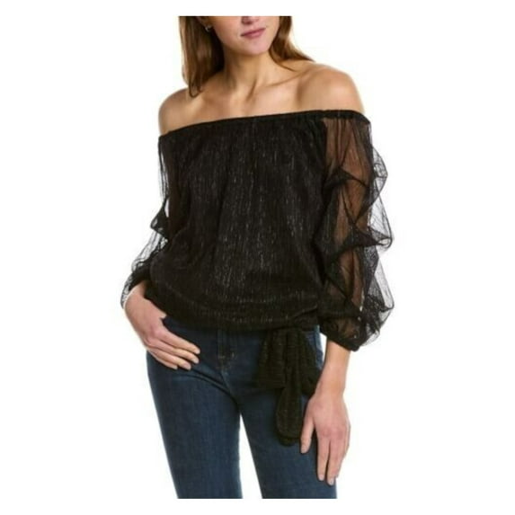 VINCE CAMUTO Womens Black Tie Ruched Lined Elasticized Sheer Balloon Sleeve Off Shoulder Cocktail Top M