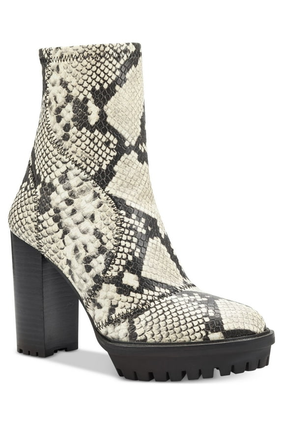 Womens Black White Snakeskin Print 1" Platform Lug Sole Erettie Round Toe Block Heel Zip-Up Booties 7 M