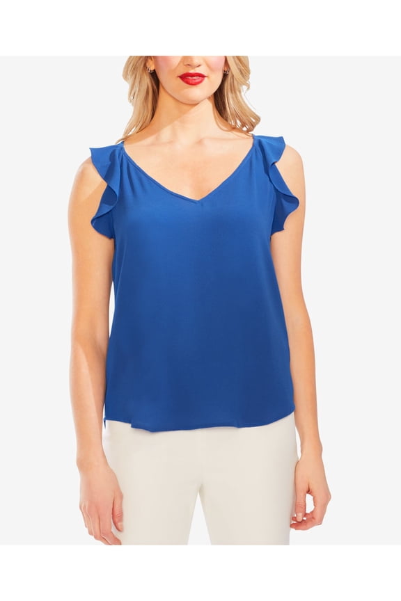 Womens Blue Ruffled Sleeveless V Neck Tank Top Size: L