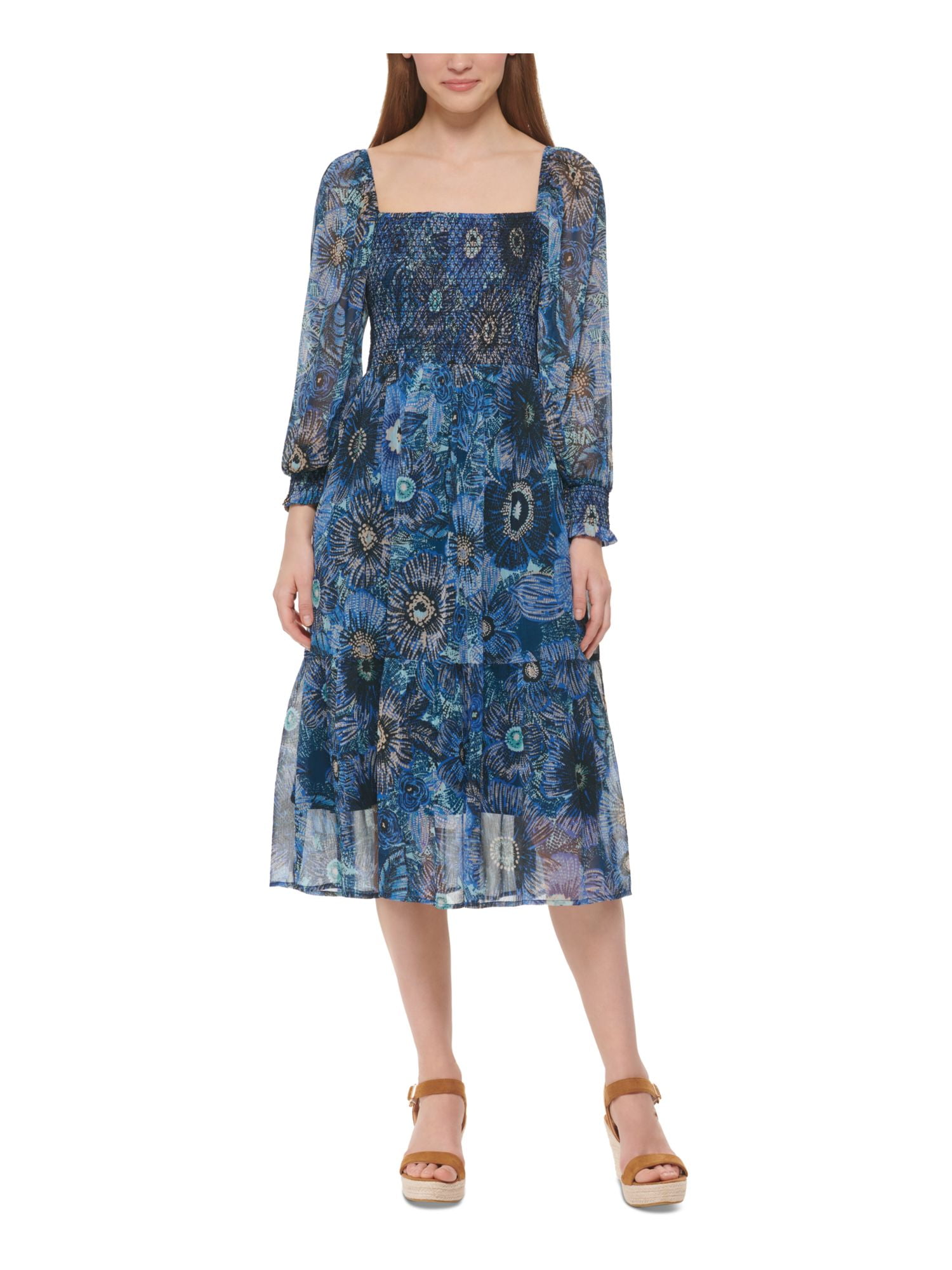 VINCE CAMUTO Womens Blue Smocked Pullover Lined Printed Pouf Sleeve Square  Neck Midi Wear To Work Fit + Flare Dress 14 - Walmart.com