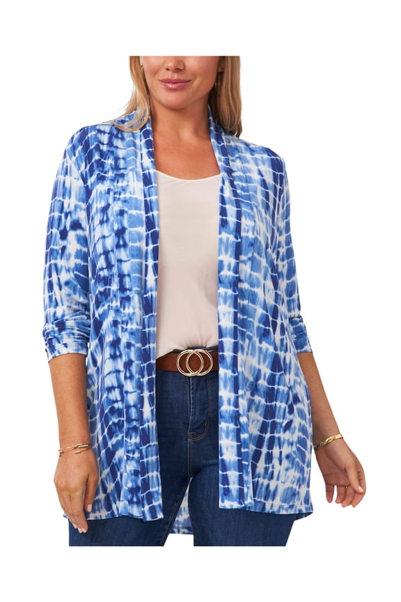 Womens Blue Stretch Ruched Tie Dye Long Sleeve Open Front Cardigan Plus 2X