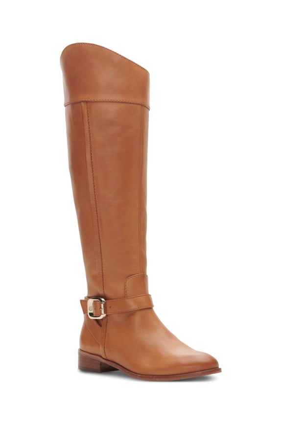 Womens Brown Buckle Accent Ovarlym Round Toe Block Heel Leather Riding Boot 7 M