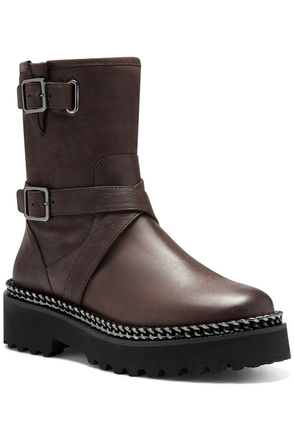 Womens Brown Chain Detailing Buckle Accent Lug Sole Messtia Round Toe Platform Zip-Up Leather Booties 5.5 M