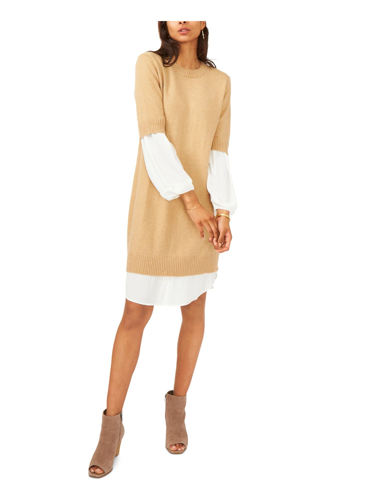VINCE CAMUTO Womens Brown Distressed Rib-knit Trim Layered-look Long Sleeve  Round Neck Knee Length Wear To Work Sweater Dress M - Walmart.com
