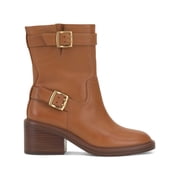 VINCE CAMUTO Womens Brown Lug Sole Padded Goring Buckle Accent Vergila Round Toe Block Heel Zip-Up Leather Moto 9.5 M