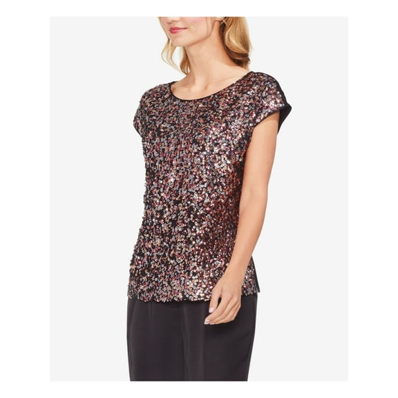 VINCE CAMUTO Womens Coral Multicolored Sequin Front Short Sleeve Jewel Neck Top Size: XS