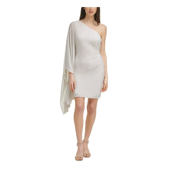 VINCE CAMUTO Womens Ivory Stretch Glitter Metallic Jersey-knit Lined Side Zipper Long Sleeve Asymmetrical Neckline Short Party Body Con Dress 10