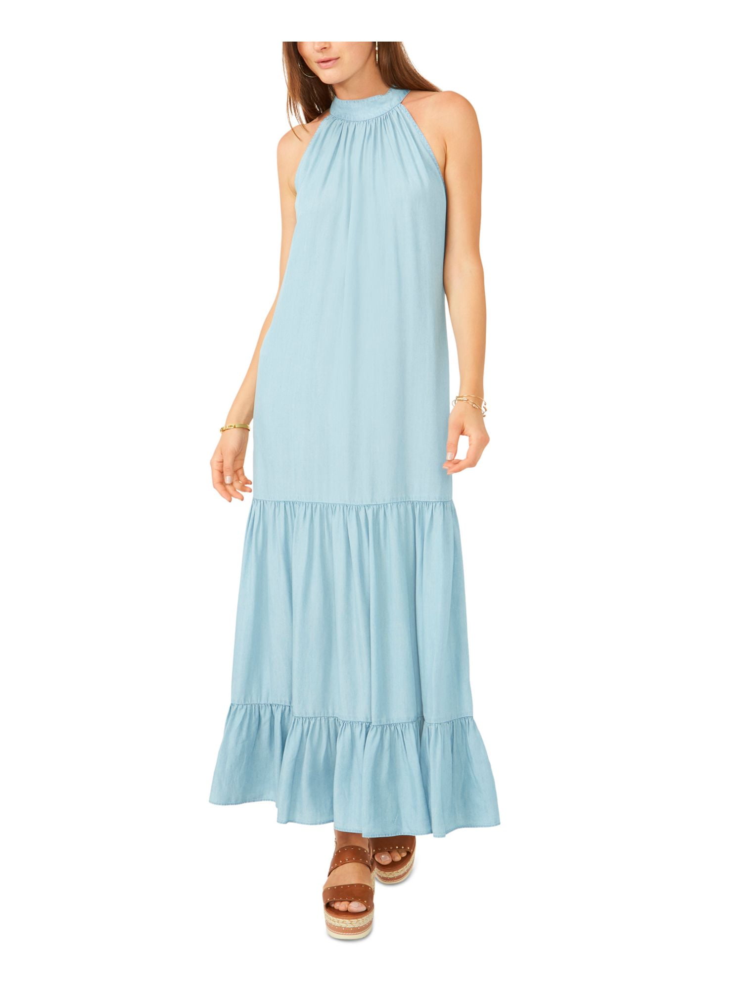 VINCE CAMUTO Womens Light Blue Zippered Tie Keyhole Back Tiered Hem  Sleeveless Halter Maxi Trapeze Dress XL - Walmart.com