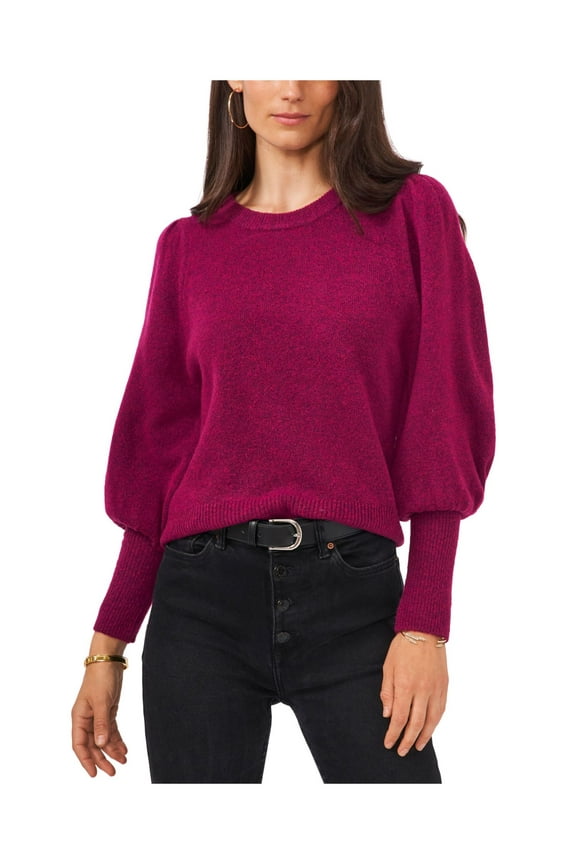 Womens Maroon Ribbed Pintucked Shoulders Balloon Sleeve Crew Neck Sweater XS