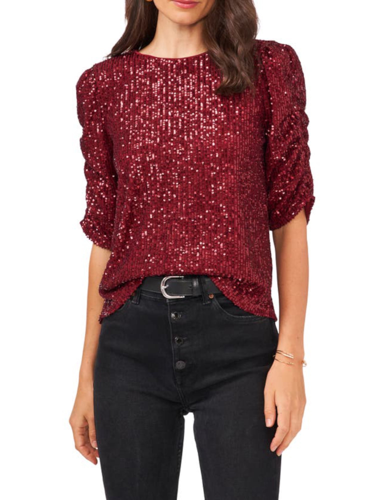VINCE CAMUTO Womens Maroon Sequined Ruched Elbow Sleeve Keyhole Back ...