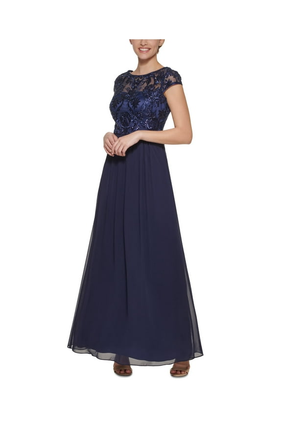 Womens Navy Sequined Zippered Illusion Lace Lined Cap Sleeve Round Neck Full-Length Evening Gown Dress 2