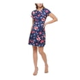 thumbnail image 1 of VINCE CAMUTO Womens Navy Zippered Pocketed Floral Short Sleeve Round Neck Short Wear To Work Fit + Flare Dress 8, 1 of 5