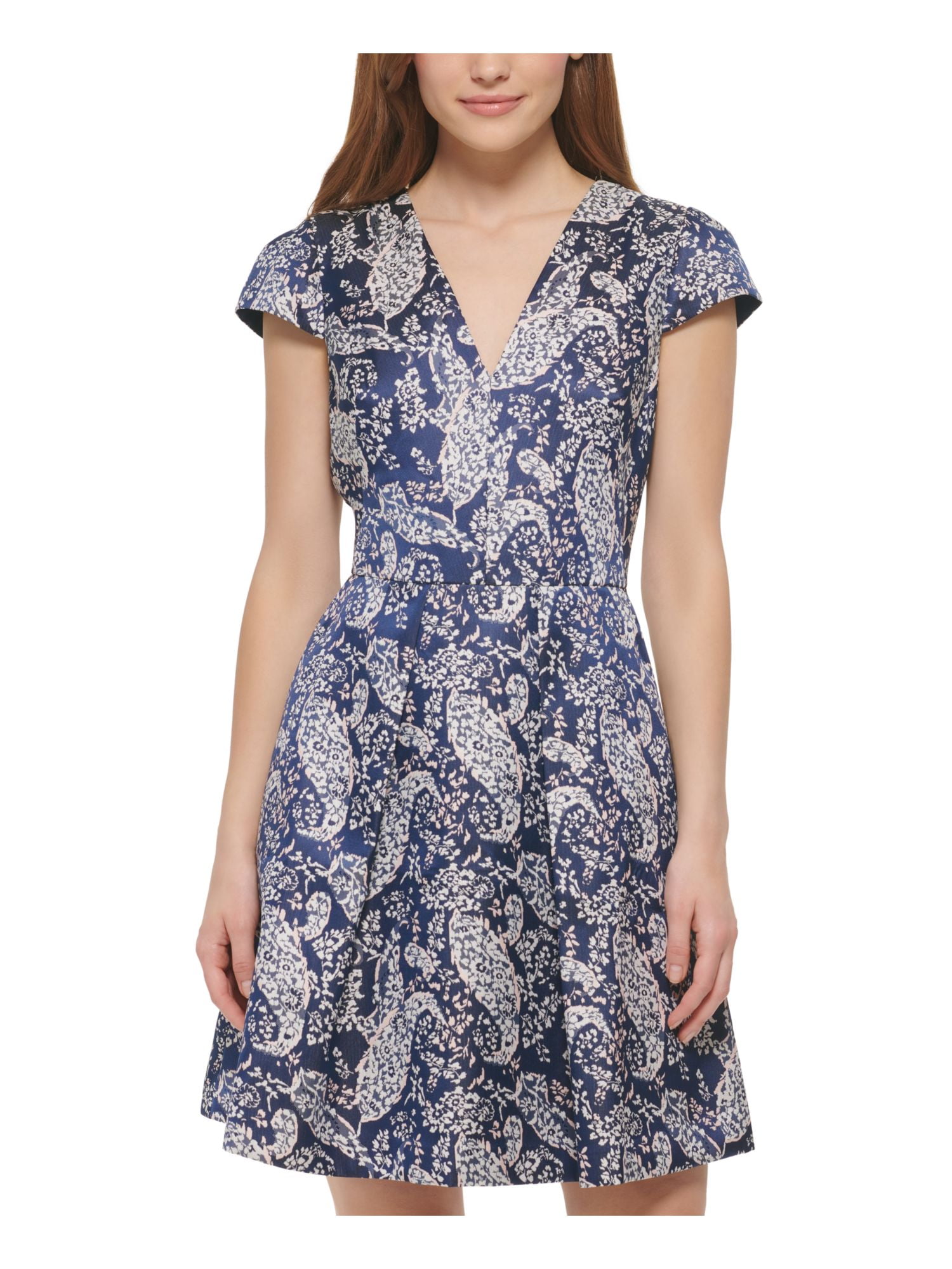 Above Knee Casual Dress Vince Camuto Women's Pleated Fit & Flare Dress   Sleeveless, V-Neck, Bonded Lace, Above Knee Pleated Above Knee Dress Women