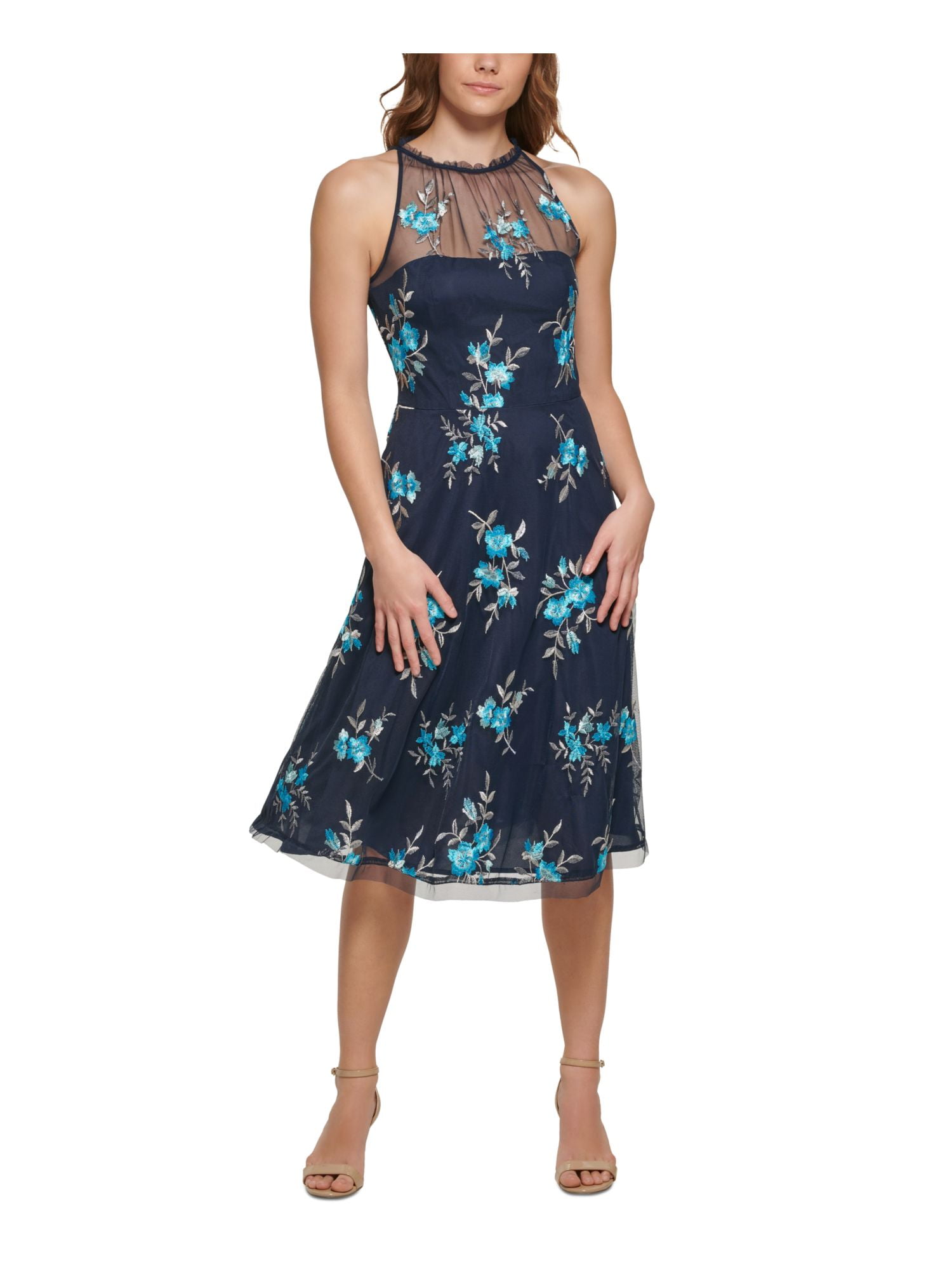 Vince Camuto Embroidered Mesh Midi Dress, 2 / Blue Vince Camuto Embroidered Mesh Midi Dress, 2 / Blue