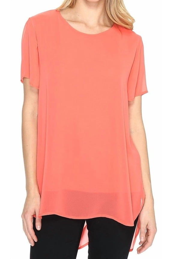 Womens New 1285 Coral Jewel Neck Short Sleeve Hi-Lo Top S B+B