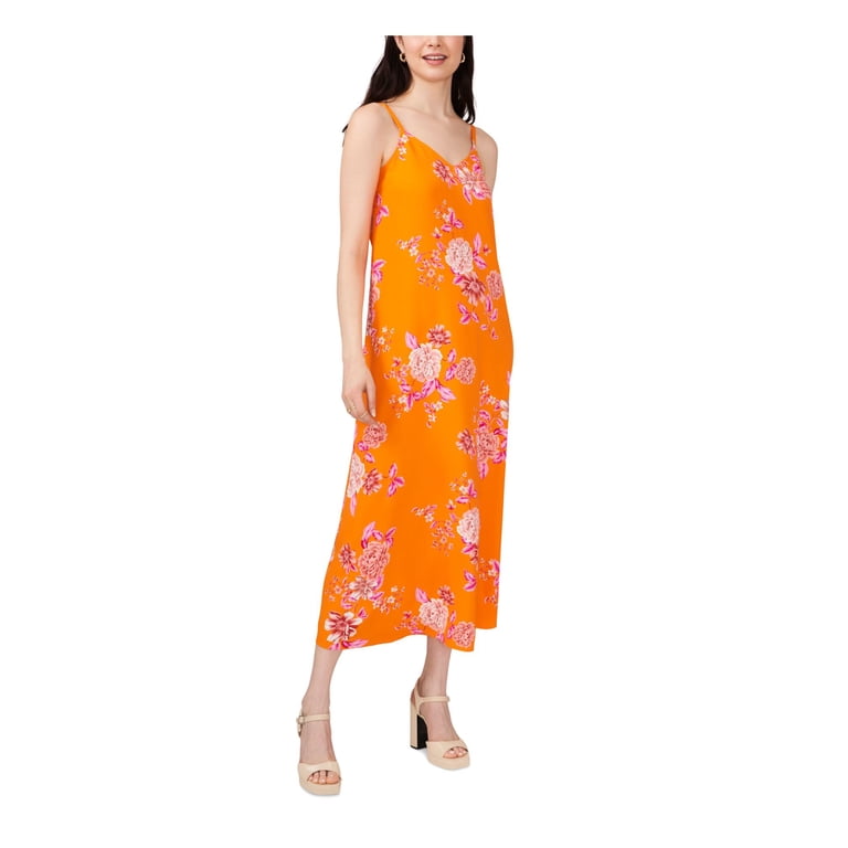 VINCE CAMUTO Womens Orange Floral Spaghetti Strap V Neck Midi