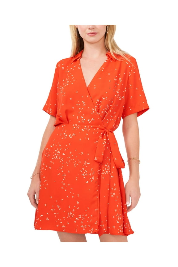 Womens Orange Tie Lined Floral Short Sleeve Surplice Neckline Short Wrap Dress S