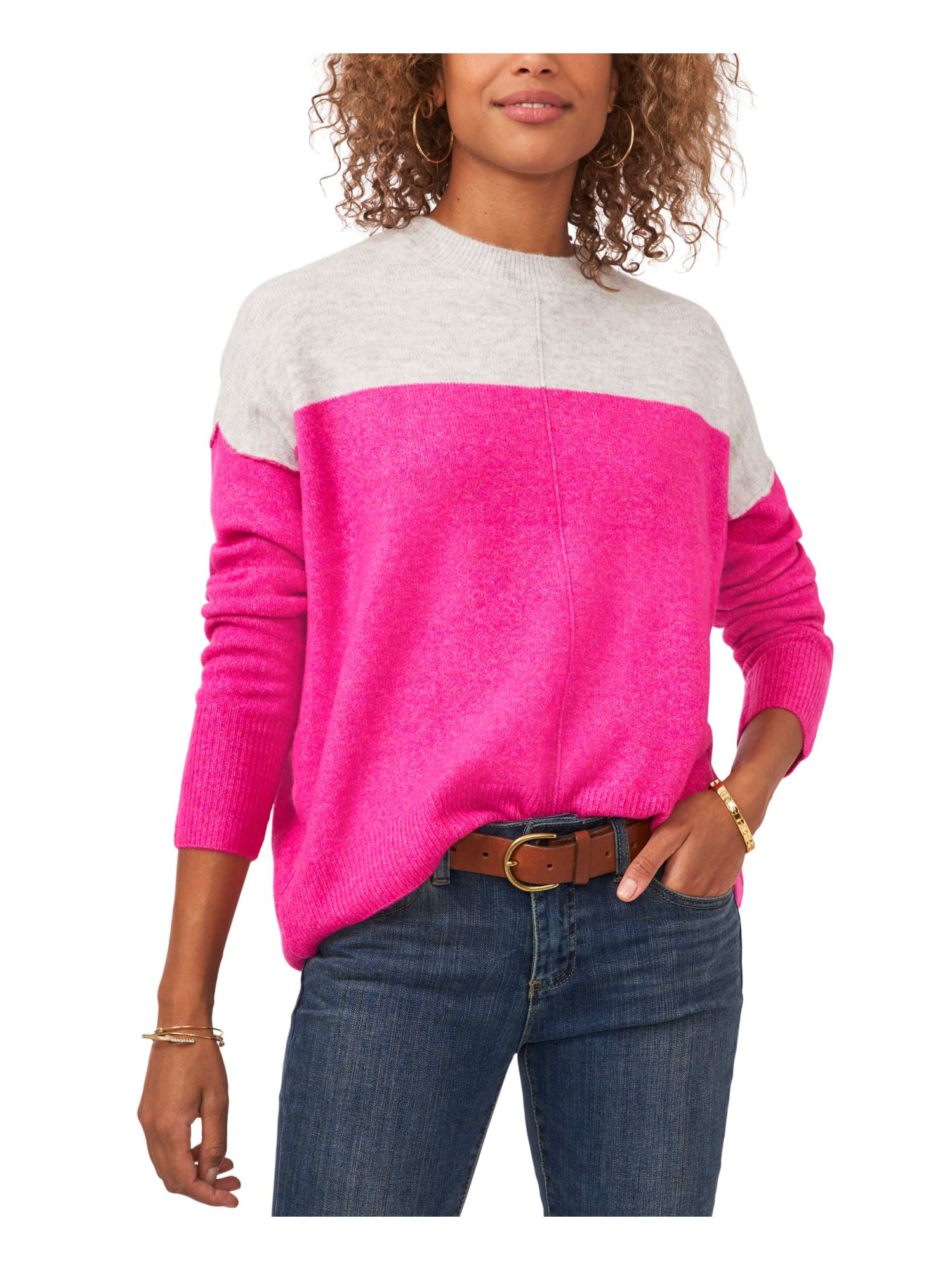 Pink Ribbed Color VINCE CAMUTO Womens Pink Knit Ribbed Color Block Long Sleeve Crew Neck ...