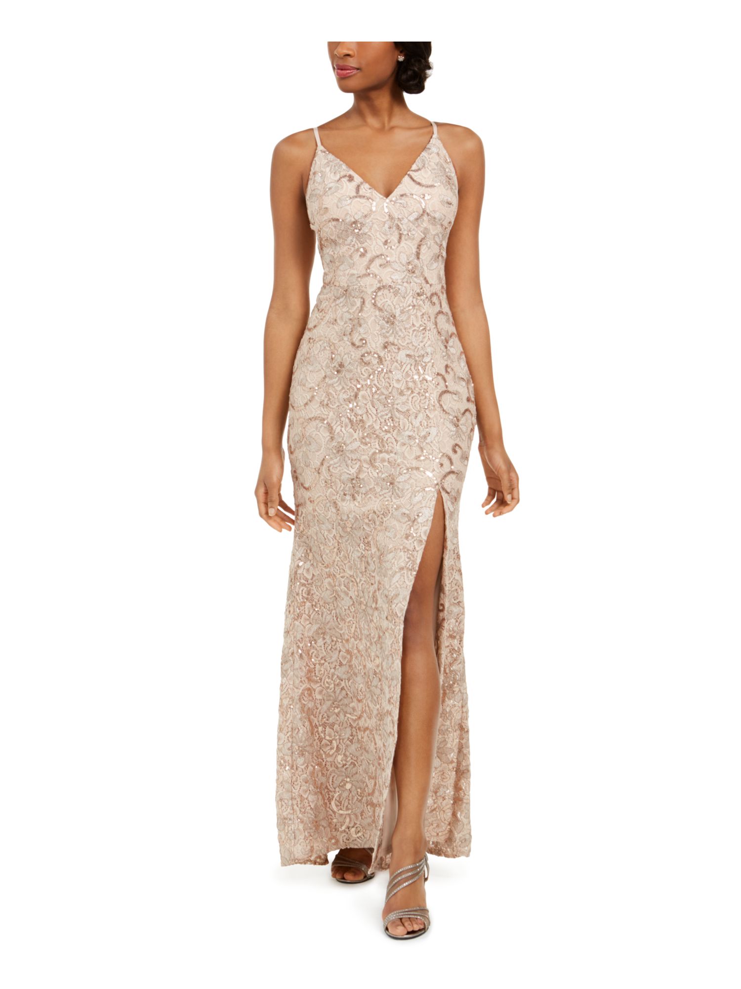 VINCE CAMUTO Womens Pink Sequined Lace Floral Spaghetti Strap V Neck  Full-Length Formal Sheath Dress 14 - Walmart.com