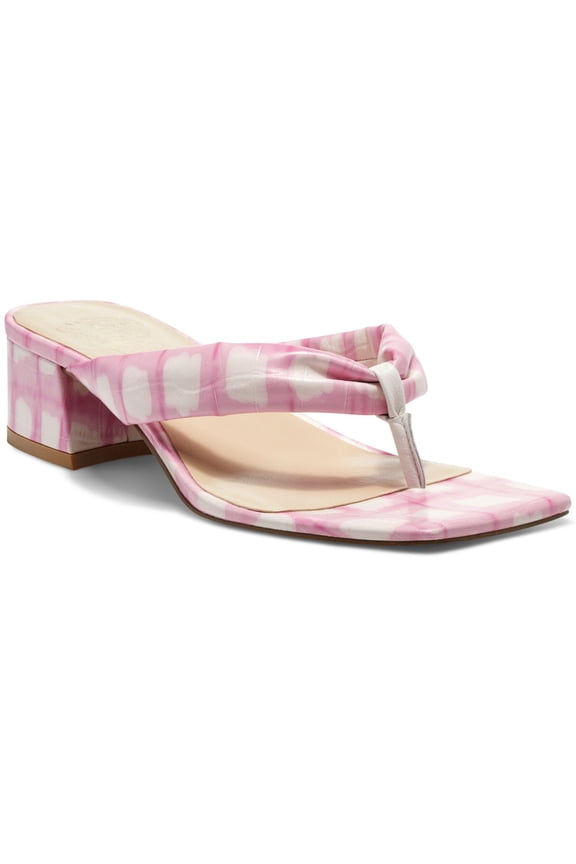 Womens Pink Watercolor Pattern Comfort Sabrina Square Toe Block Heel Slip On Leather Thong Sandals 7.5 M