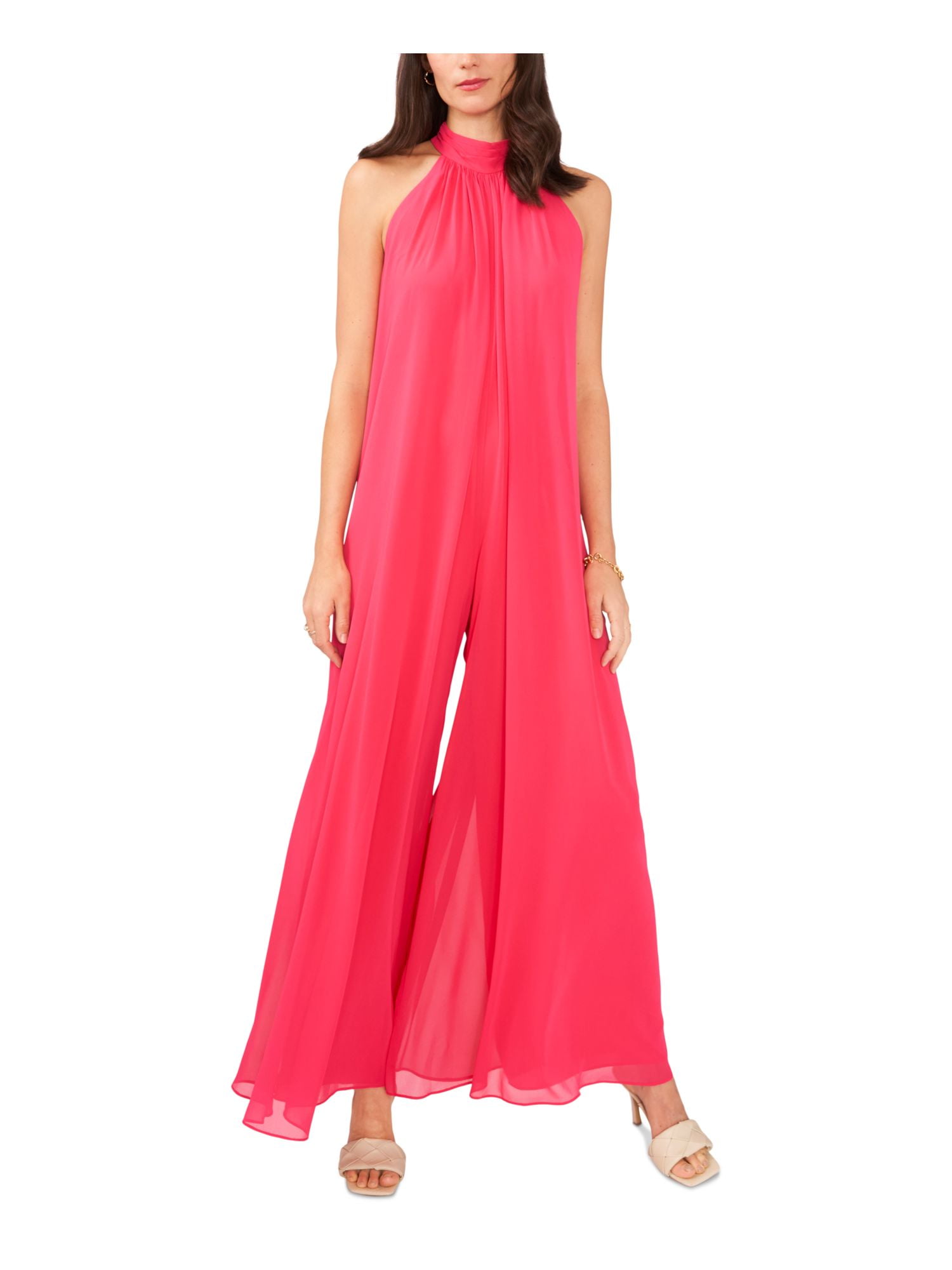 Halter Neckline Sleeveless Chiffon Pleated Jumpsuit Candy Pink Plus Size