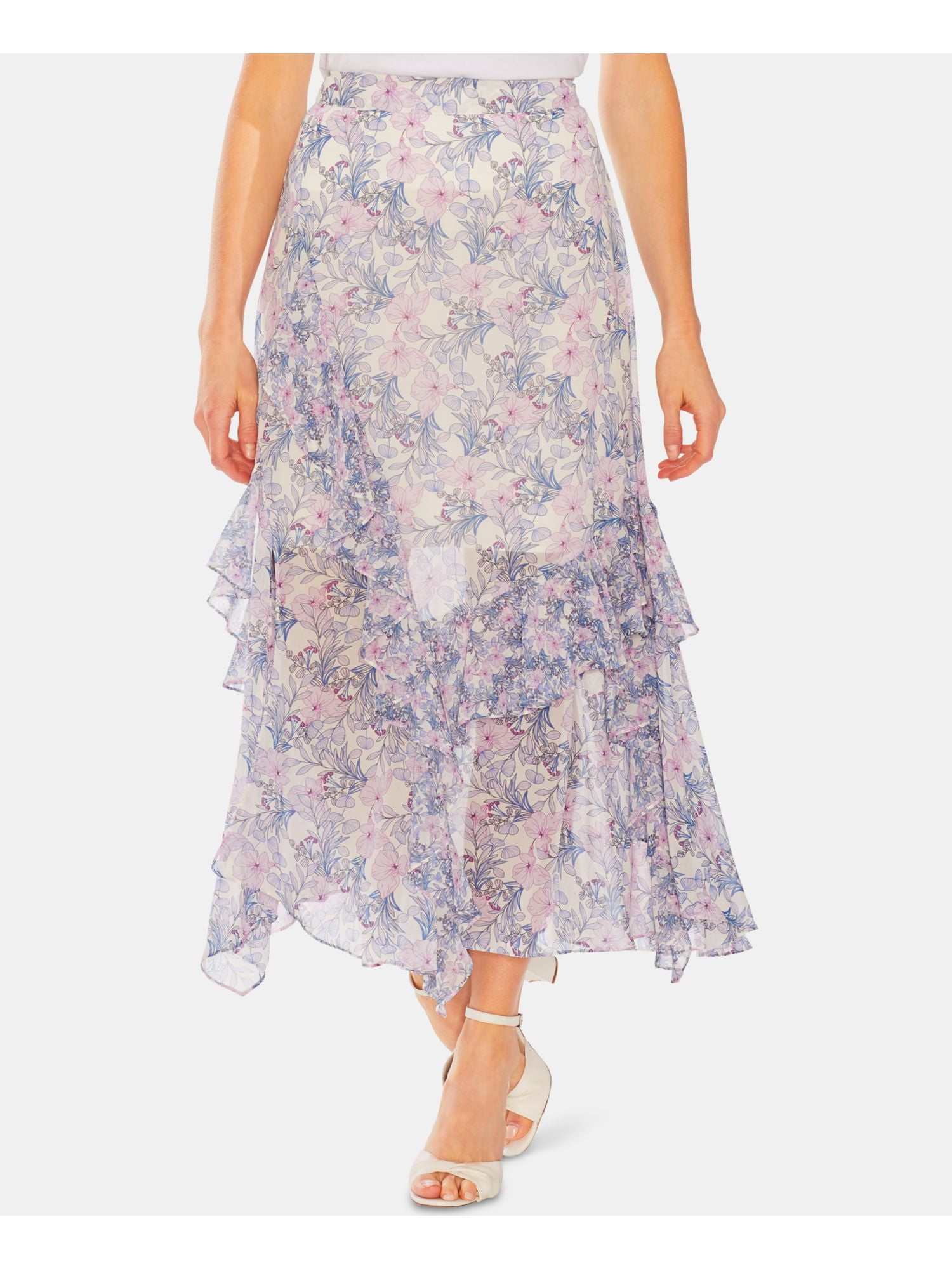Pruple Ruffland VINCE CAMUTO Womens Purple Ruffled Floral Below The Knee Formal Hi-Lo ...