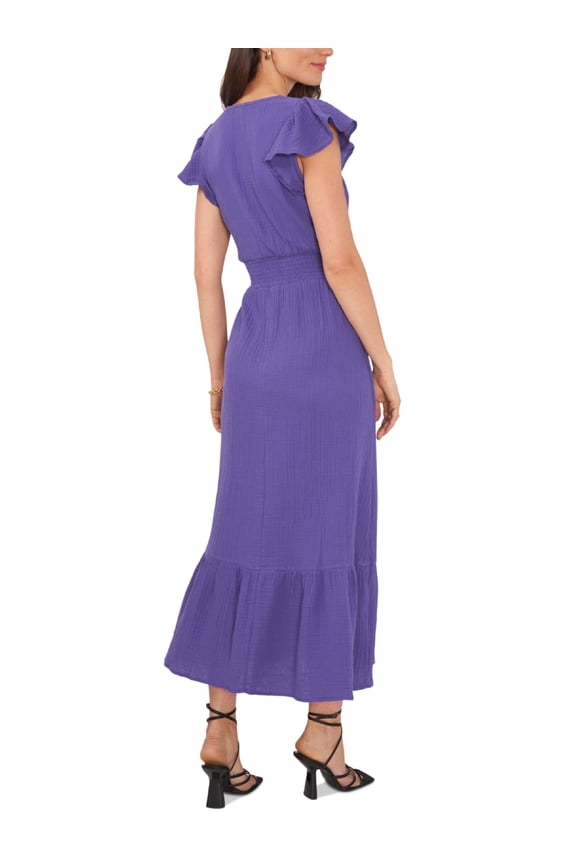 Womens Purple Textured Ruffled Smocked Waist Pullover Flutter Sleeve V Neck Tea-Length Shift Dress S