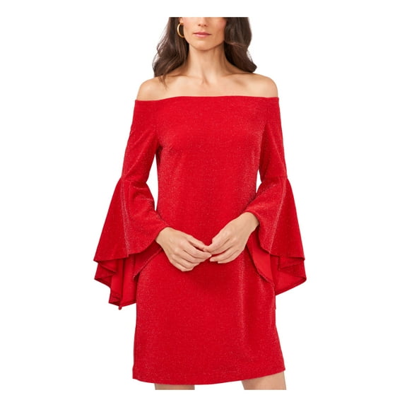 VINCE CAMUTO Womens Red Glitter Pullover Lined Bell Sleeve Off Shoulder Short Cocktail Shift Dress L