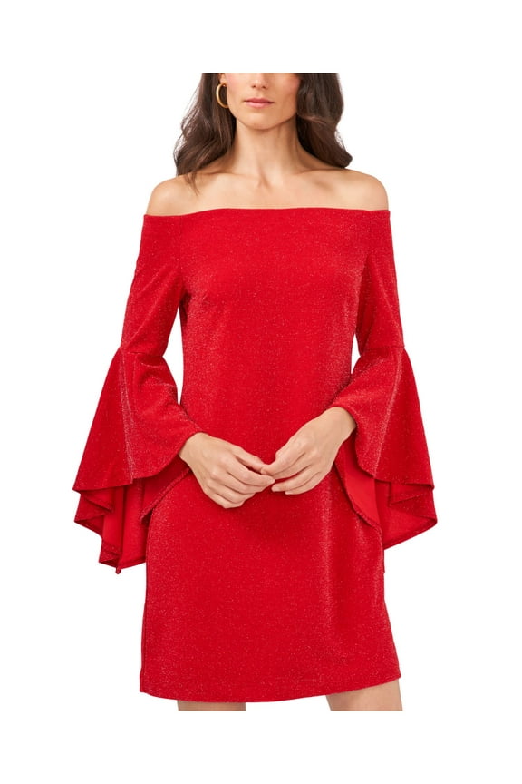 Womens Red Glitter Pullover Lined Bell Sleeve Off Shoulder Short Cocktail Shift Dress L