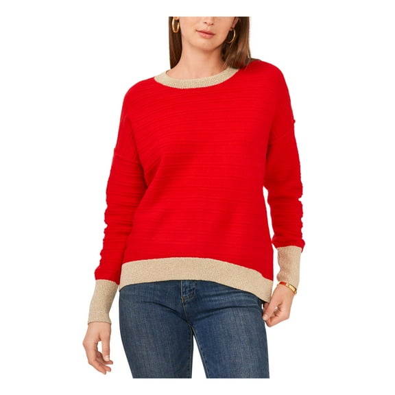 VINCE CAMUTO Womens Red Metallic Ribbed Color Block Long Sleeve Crew Neck Sweater XL