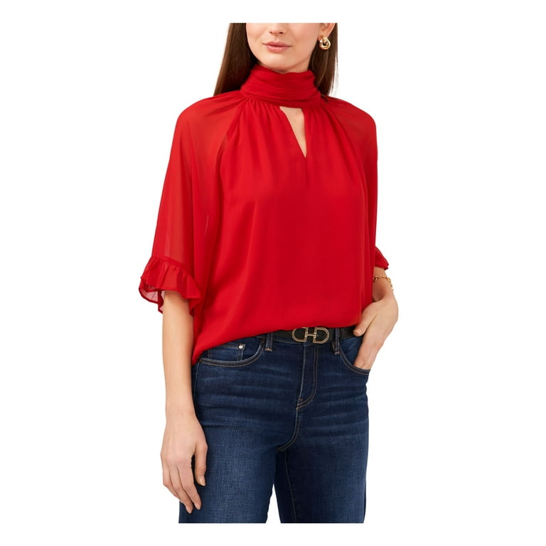 VINCE CAMUTO Womens Red Ruffled Sheer Cutout Front Keyhole Back Lined 3 4 Sleeve Mock Neck Wear To Work Top XS