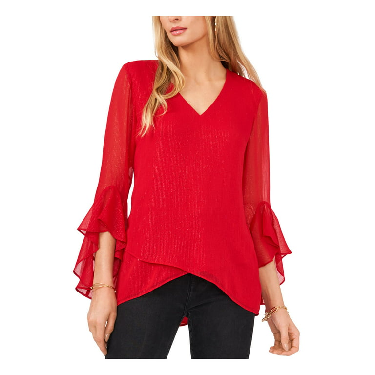 VINCE CAMUTO Womens Red Sheer Asymmetrical Front Hem Lined Flutter Sleeve V  Neck Wear To Work Top XS 