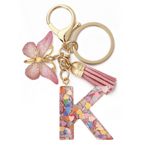 VINCHIC 26Letter Keychain Initial Letter Keyring Alphabet Resin Flower Key Chain with Butterfly Tassel Pendant Handbag Purse Charm Pink Petal Keyring