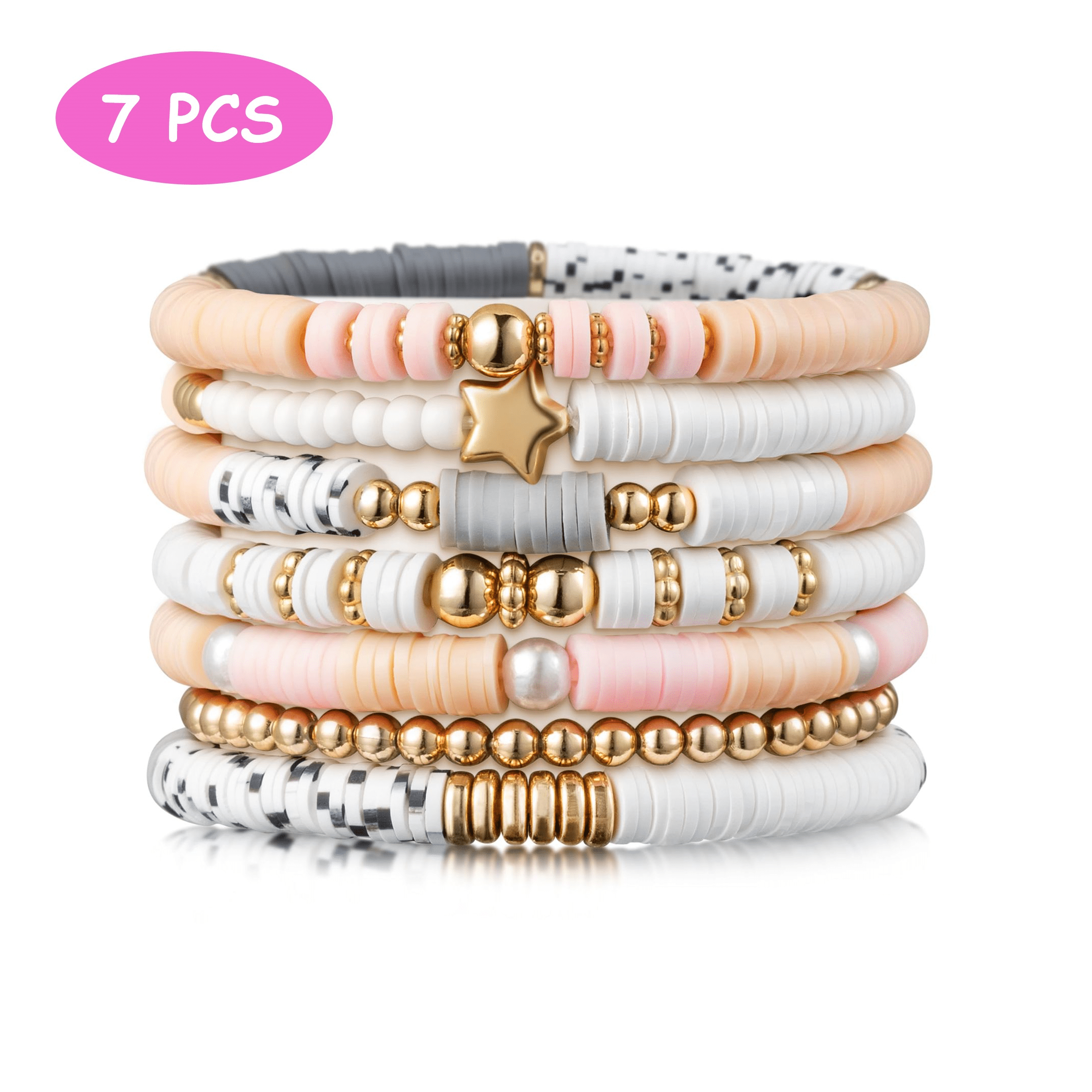 Heishi Surfer Set Braccialetti Elastici Donna - Perline Argilla E Malocchio, Stile Bohémien Y2K - 7 Pezzi Colorati