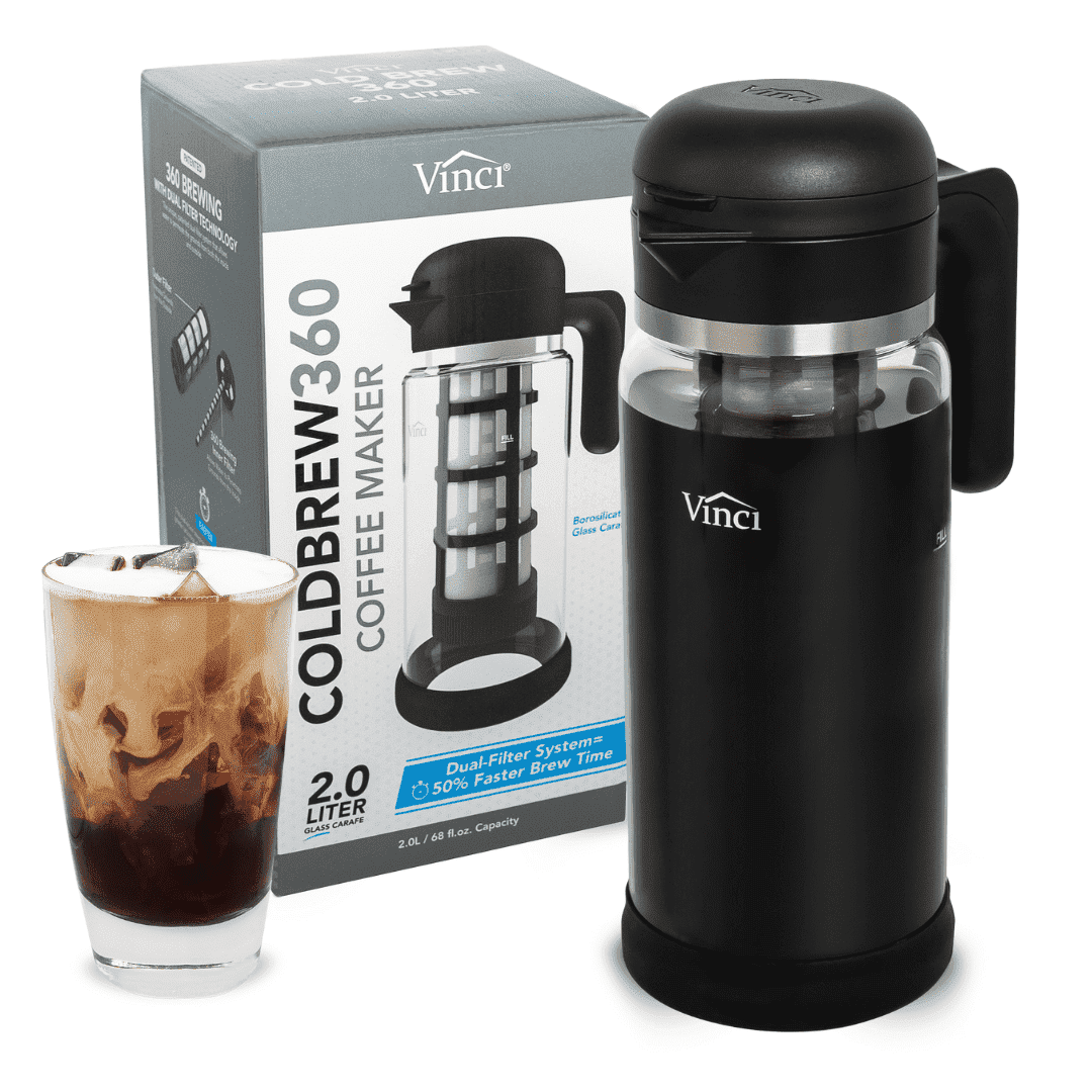 VINCI Cold Brew 360, 1.4 Liter Cold Brew Coffee Maker Featuring Patented Dual Filter 360 Brewing Technology, Cold Brew Glass Pitcher for Iced Coffee
