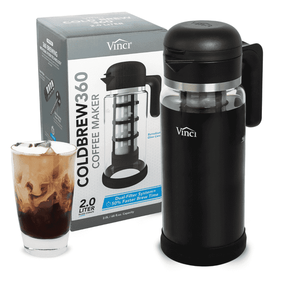 VINCI Cold Brew 360, 1.4 Liter Cold Brew Coffee Maker Featuring Patented Dual Filter 360 Brewing Technology, Cold Brew Glass Pitcher for Iced Coffee