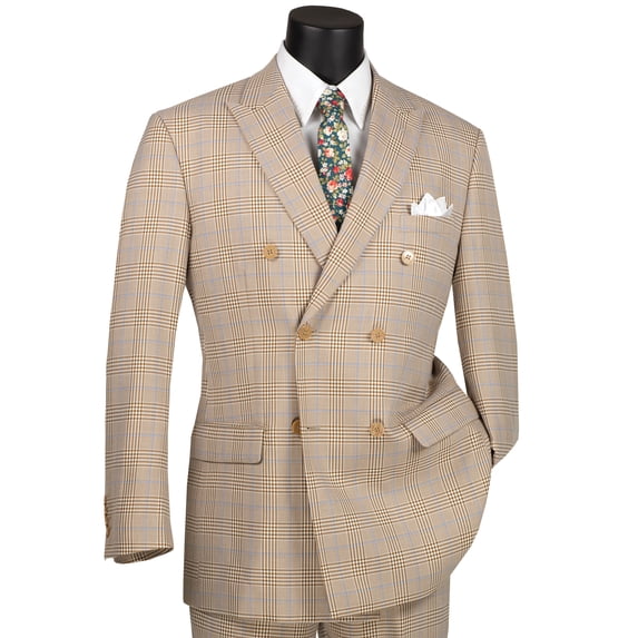 VINCI Men's Beige Glen Plaid Double-Breasted Classic-Fit Suit - NEW - 38S