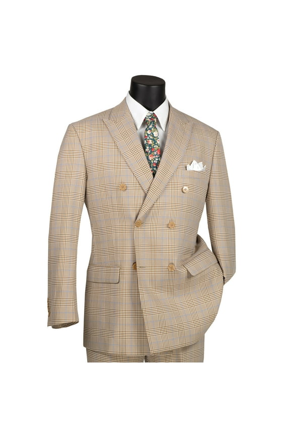 Men's Beige Glen Plaid Double-Breasted Classic-Fit Suit - NEW - 48L