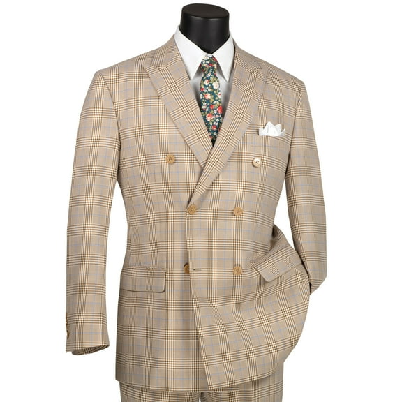 VINCI Men's Beige Glen Plaid Double-Breasted Classic-Fit Suit - NEW - 56R (Big & Tall)