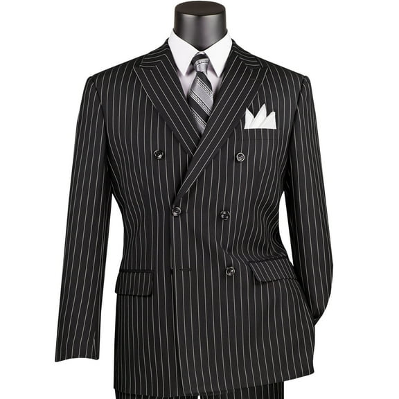VINCI Men's Black Pinstripe Double-Breasted 6-Button Classic Fit Suit - NEW - 48L
