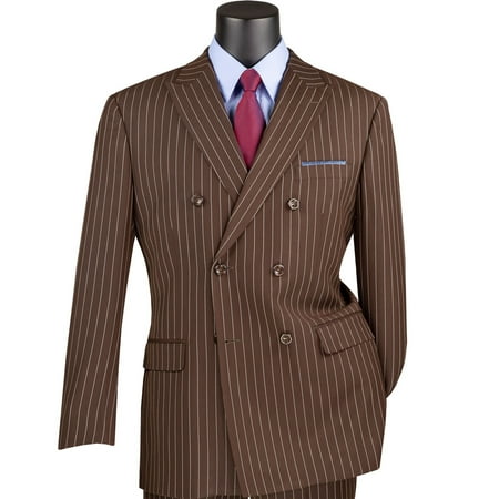 VINCI Men's Brown Pinstripe Double-Breasted 6-Button Classic Fit Suit - NEW - 48L
