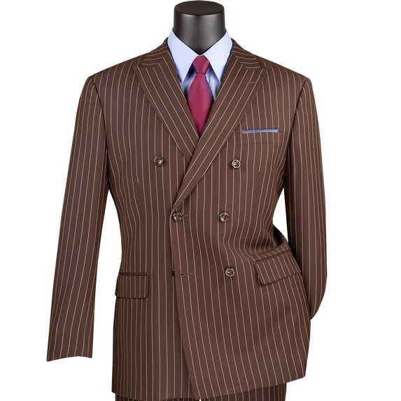 VINCI Men's Brown Pinstripe Double-Breasted 6-Button Classic Fit Suit - NEW - 52R (Big & Tall)