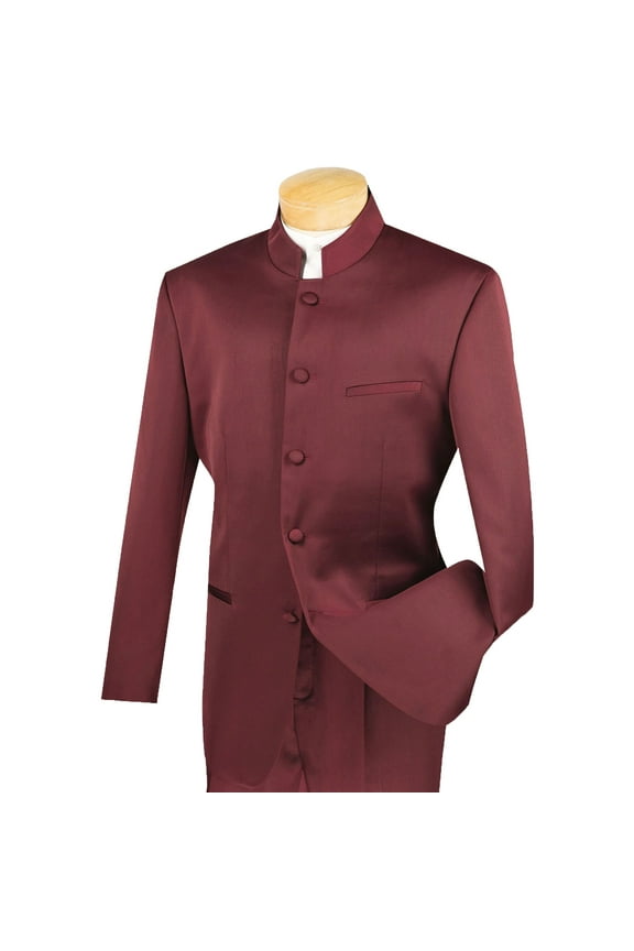 Men's Burgundy Banded Collar 5-Button Classic-Fit Tuxedo Suit - NEW