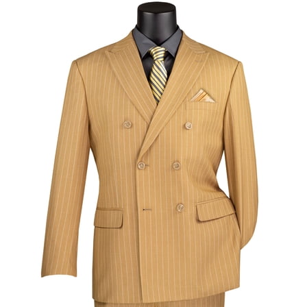 VINCI Men's Camel Beige Pinstripe Double-Breasted 6-Button Classic Fit Suit - NEW - 40R