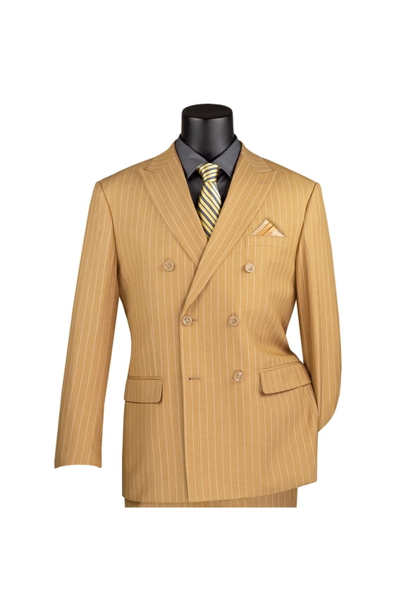 Men's Camel Beige Pinstripe Double-Breasted 6-Button Classic Fit Suit - NEW - 46R