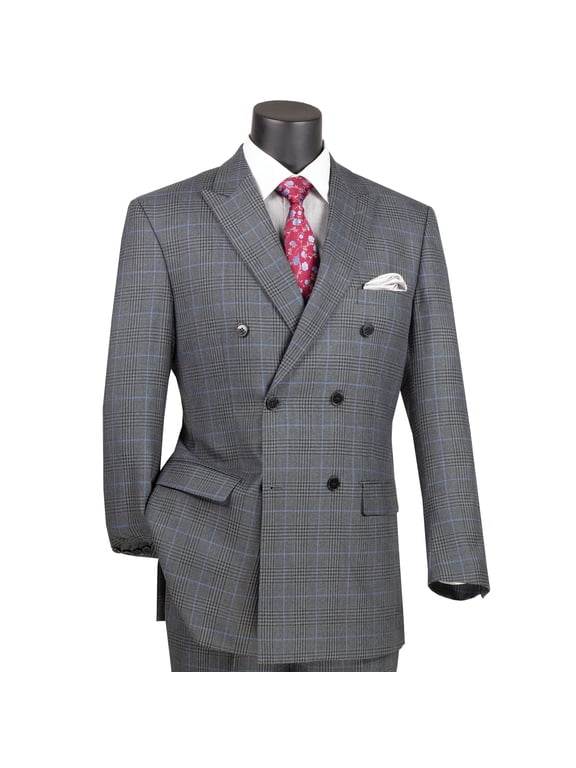 Men's Charcoal Gray Glen Plaid Double-Breasted Classic-Fit Suit - NEW - 38R