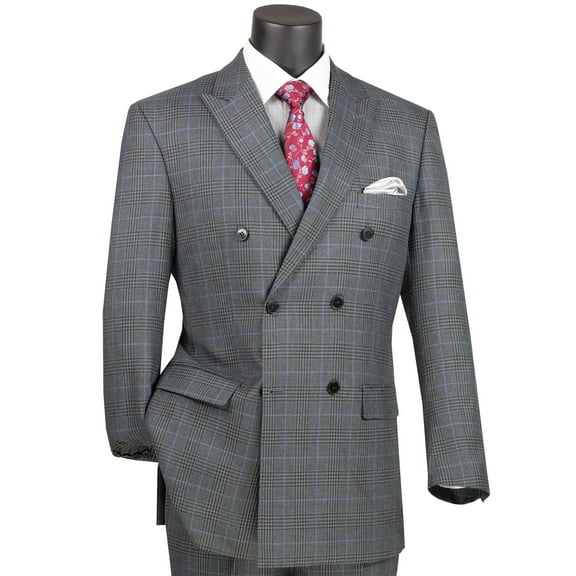 VINCI Men's Charcoal Gray Glen Plaid Double-Breasted Classic-Fit Suit - NEW - 44L