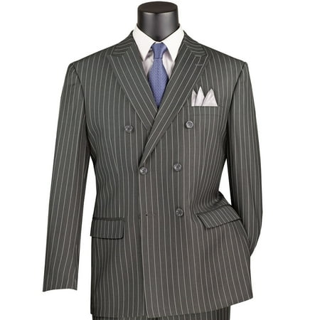 VINCI Men's Charcoal Gray Pinstripe Double-Breasted 6-Button Classic Fit Suit - NEW - 44L