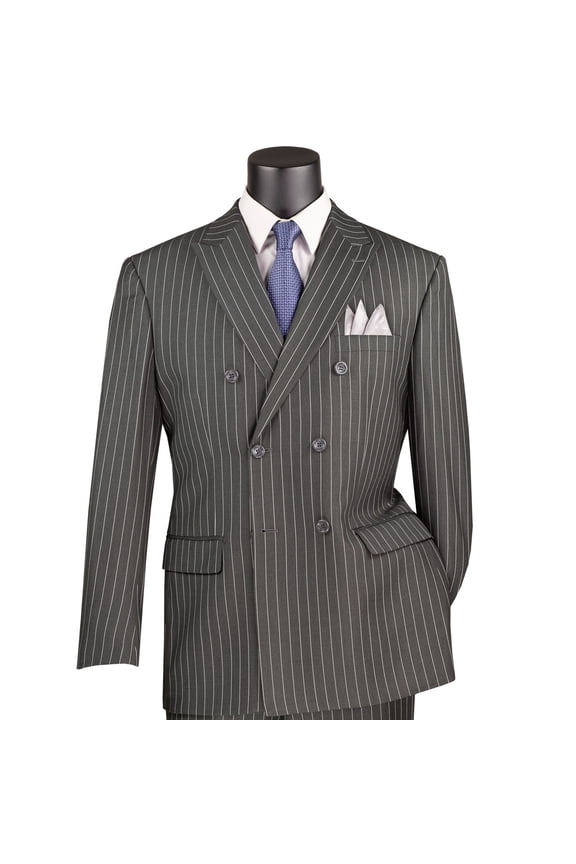 Men's Charcoal Gray Pinstripe Double-Breasted 6-Button Classic Fit Suit - NEW - 46L